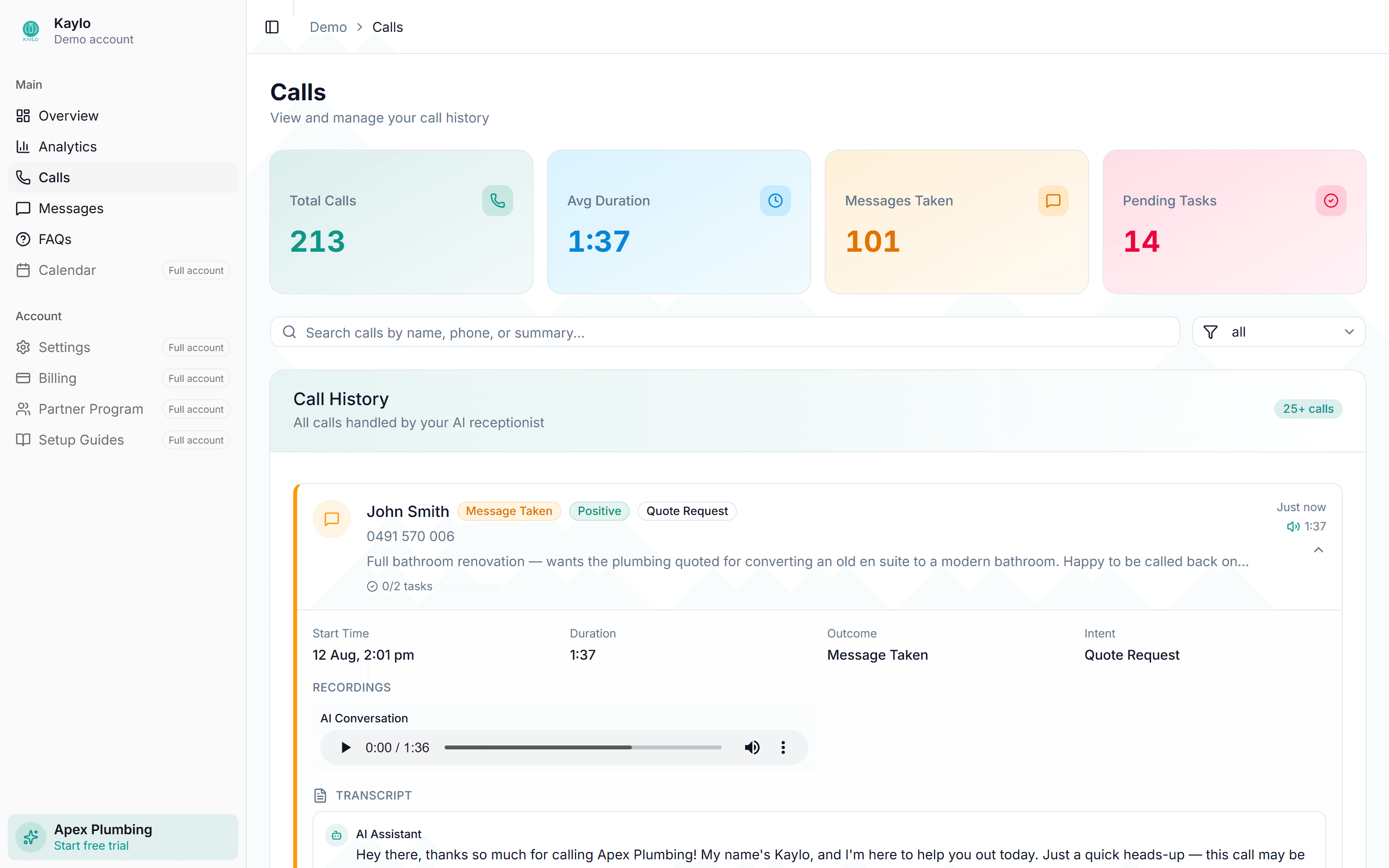 The Kaylo calls dashboard listing recent calls with outcome, sentiment and intent labels, call durations and AI-written summaries
